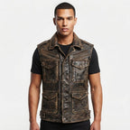 Men Strap Pockets Distressed Brown Leather Vest - Timber AND Hide