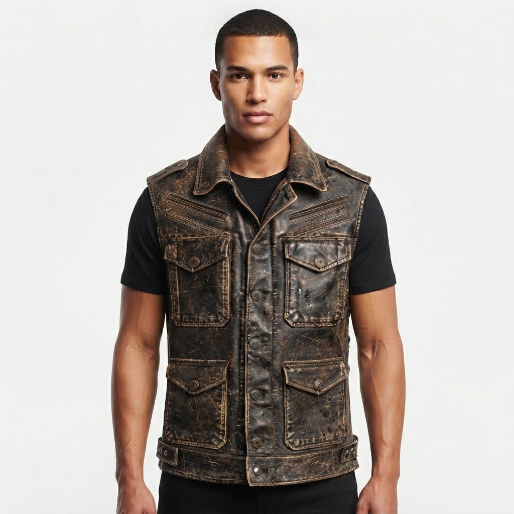 Men Strap Pockets Distressed Brown Leather Vest - Timber AND Hide