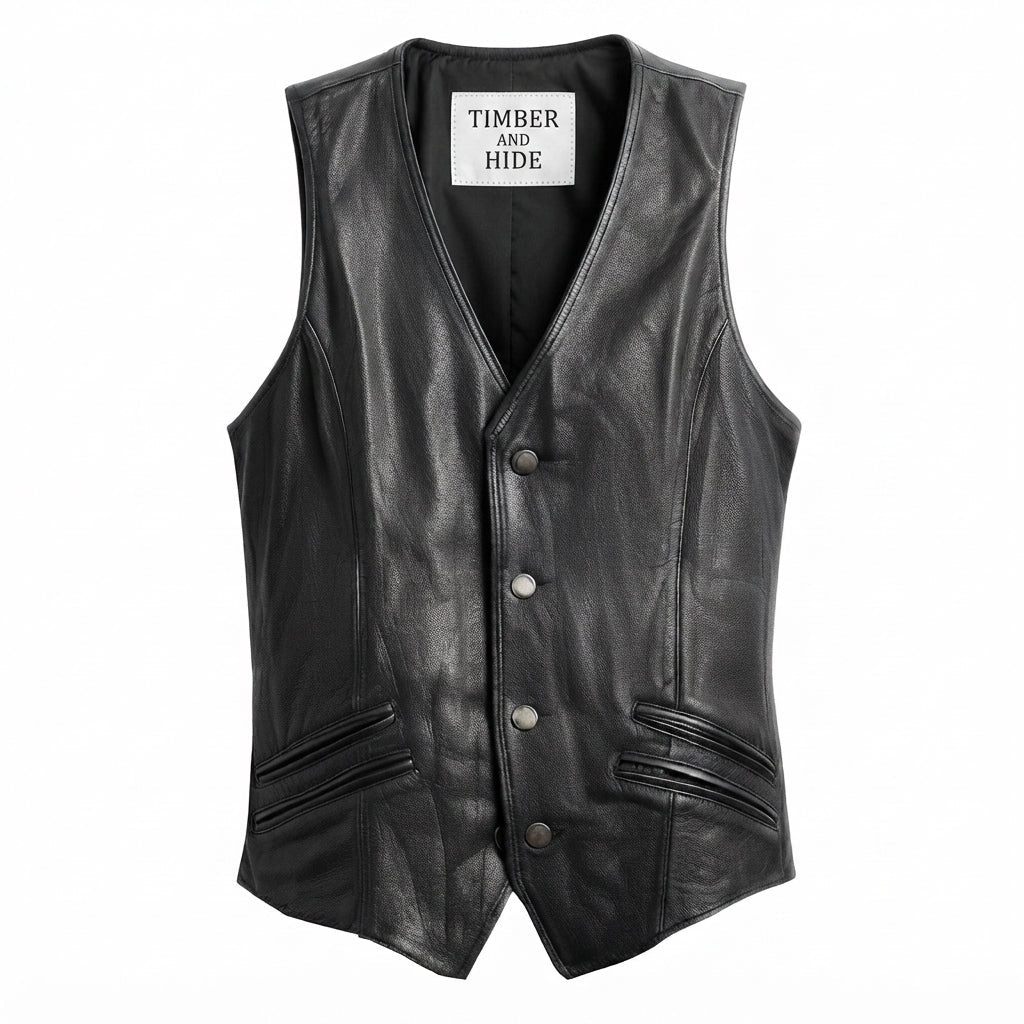 Men Stylish Black Leather Vest - Timber AND Hide