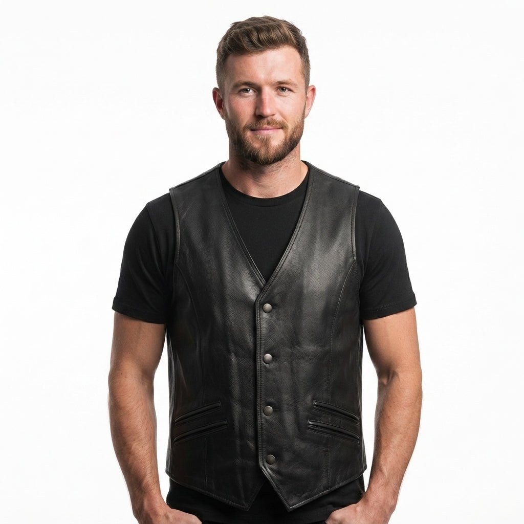 Men Stylish Black Leather Vest - Timber AND Hide