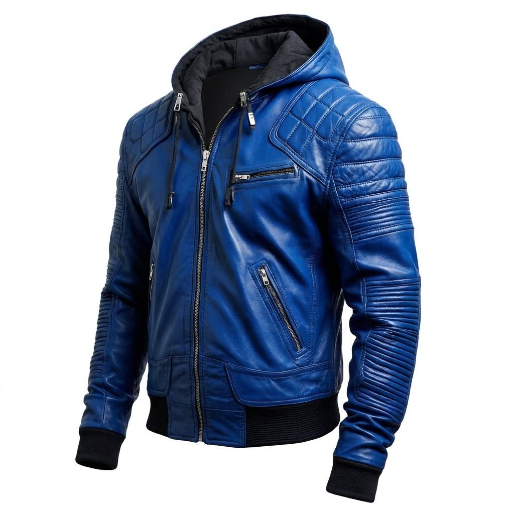 Men Stylish Blue Hooded Leather Jacket - Timber AND Hide