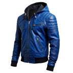 Men Stylish Blue Hooded Leather Jacket - Timber AND Hide