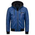 Men Stylish Blue Hooded Leather Jacket - Timber AND Hide