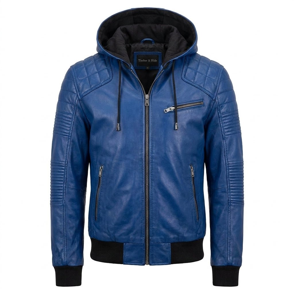 Men Stylish Blue Hooded Leather Jacket - Timber AND Hide