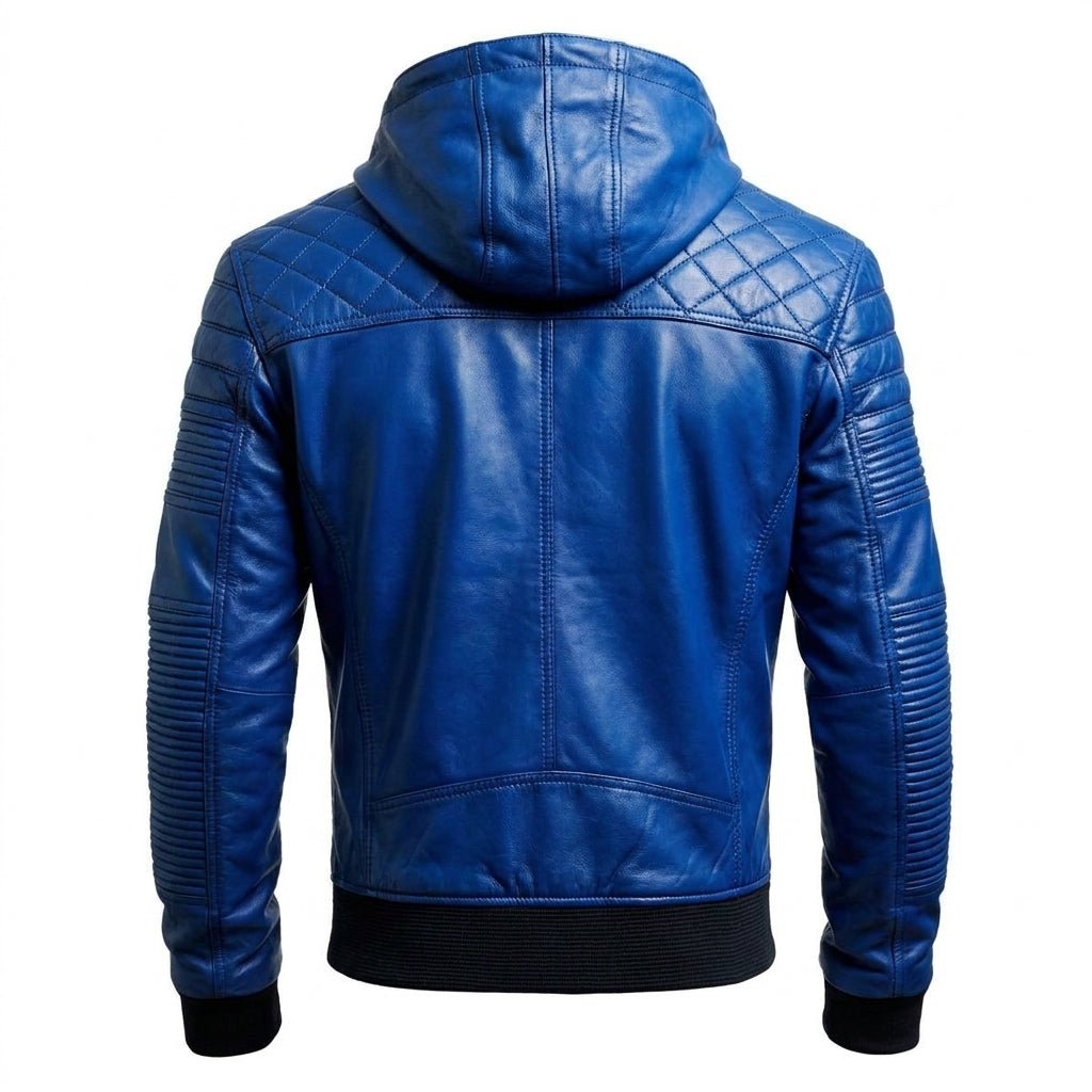 Men Stylish Blue Hooded Leather Jacket - Timber AND Hide