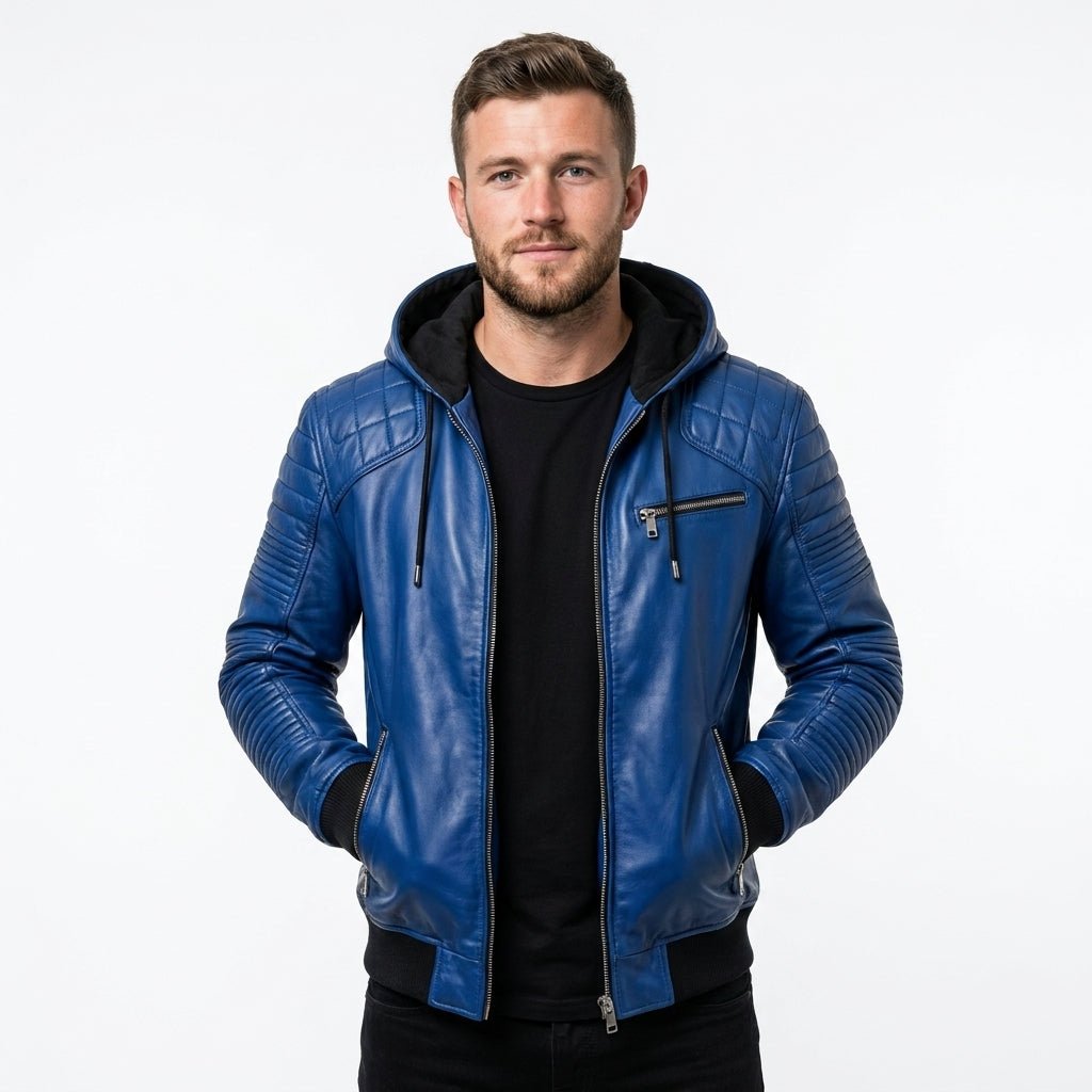 Men Stylish Blue Hooded Leather Jacket - Timber AND Hide