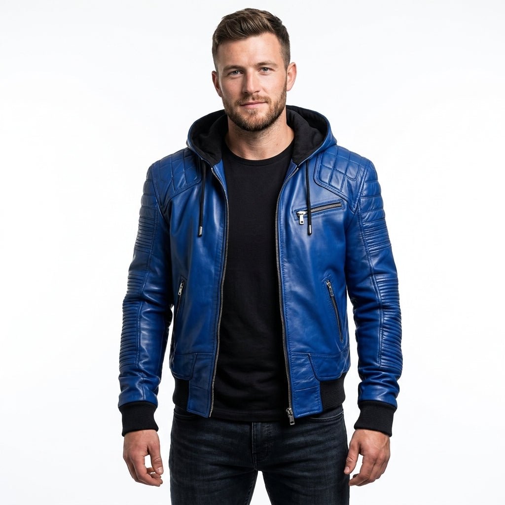 Men Stylish Blue Hooded Leather Jacket - Timber AND Hide