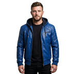 Men Stylish Blue Hooded Leather Jacket - Timber AND Hide