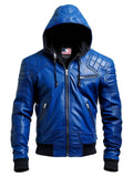 Men Stylish Blue Hooded Leather Jacket