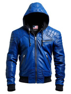 Men Stylish Blue Hooded Leather Jacket