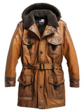 Men’s Vintage Hooded Fur Leather Coat – Classic Tan Brown Outerwear