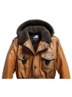 Men’s Vintage Hooded Fur Leather Coat – Classic Tan Brown Outerwear