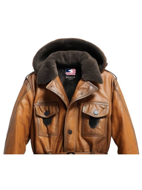 Men’s Vintage Hooded Fur Leather Coat – Classic Tan Brown Outerwear