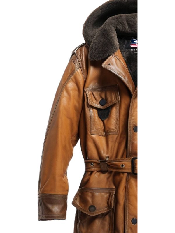 Men’s Vintage Hooded Fur Leather Coat – Classic Tan Brown Outerwear