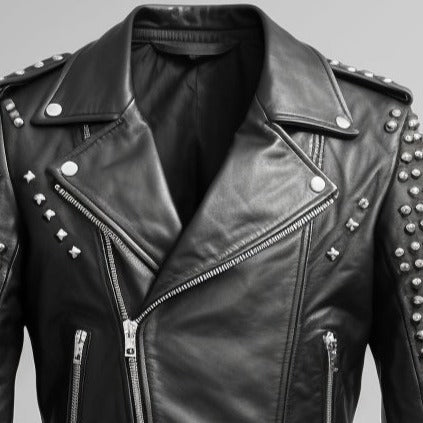 Men’s Black Leather Jacket – Black Biker Studded Jacket