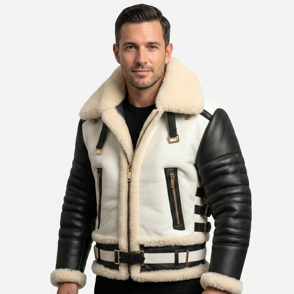Men’s Aviator B3 Bomber Leather Jacket – Black &amp; White - Timber AND Hide