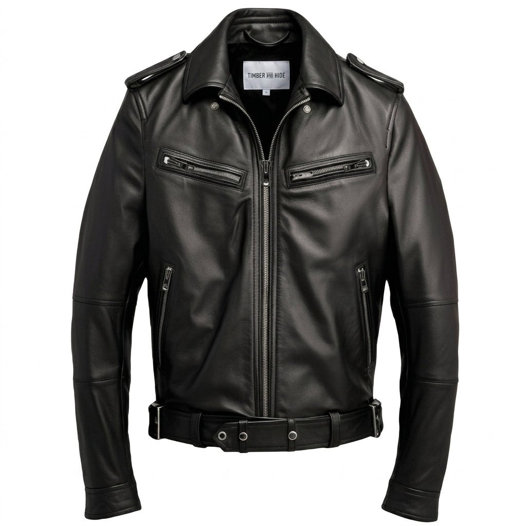Men’s Black Biker Leather Jacket - Biker Leather Jacket Black - Timber AND Hide