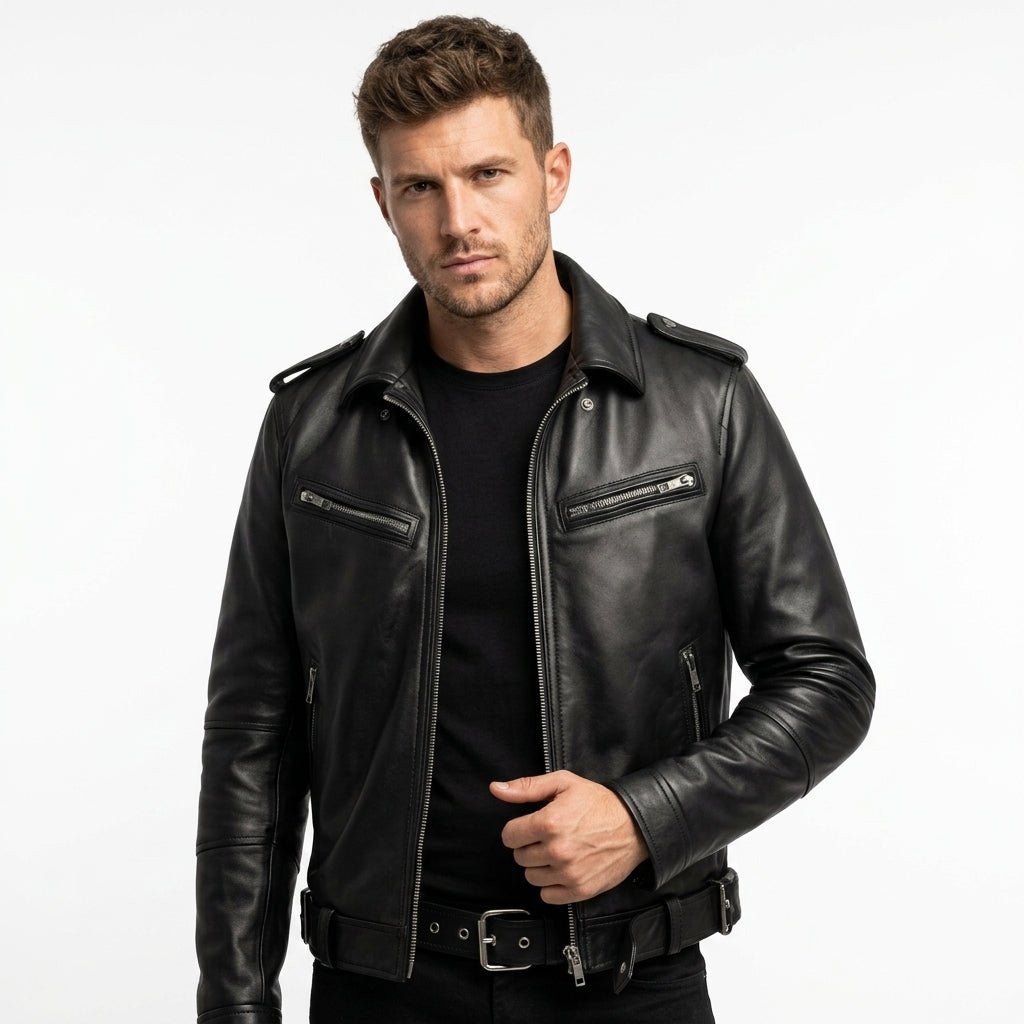 Men’s Black Biker Leather Jacket - Biker Leather Jacket Black - Timber AND Hide