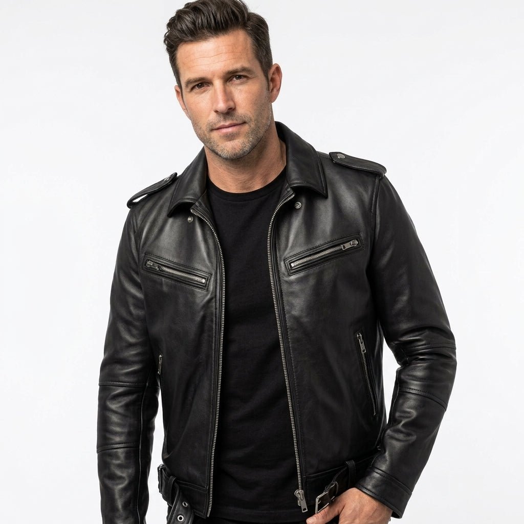 Men’s Black Biker Leather Jacket - Biker Leather Jacket Black - Timber AND Hide