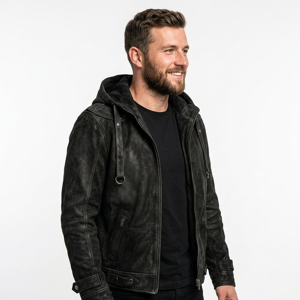 Men’s Black Hooded Suede Leather Jacket - Timber AND Hide