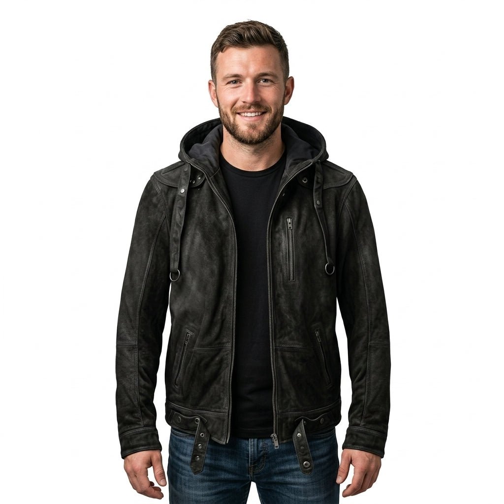 Men’s Black Hooded Suede Leather Jacket - Timber AND Hide