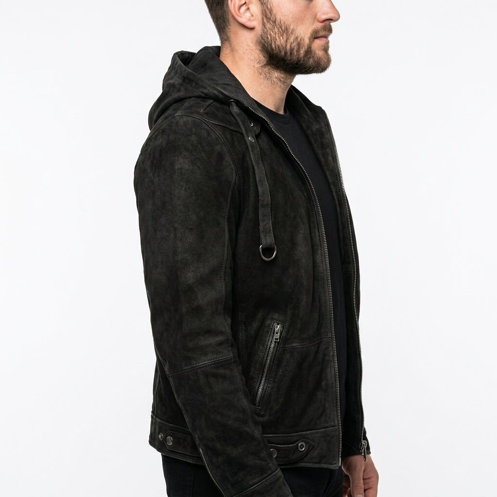 Men’s Black Hooded Suede Leather Jacket - Timber AND Hide