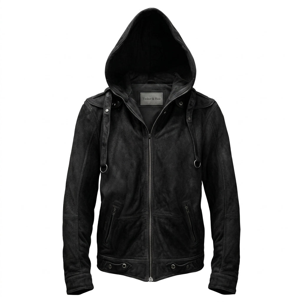 Men’s Black Hooded Suede Leather Jacket - Timber AND Hide