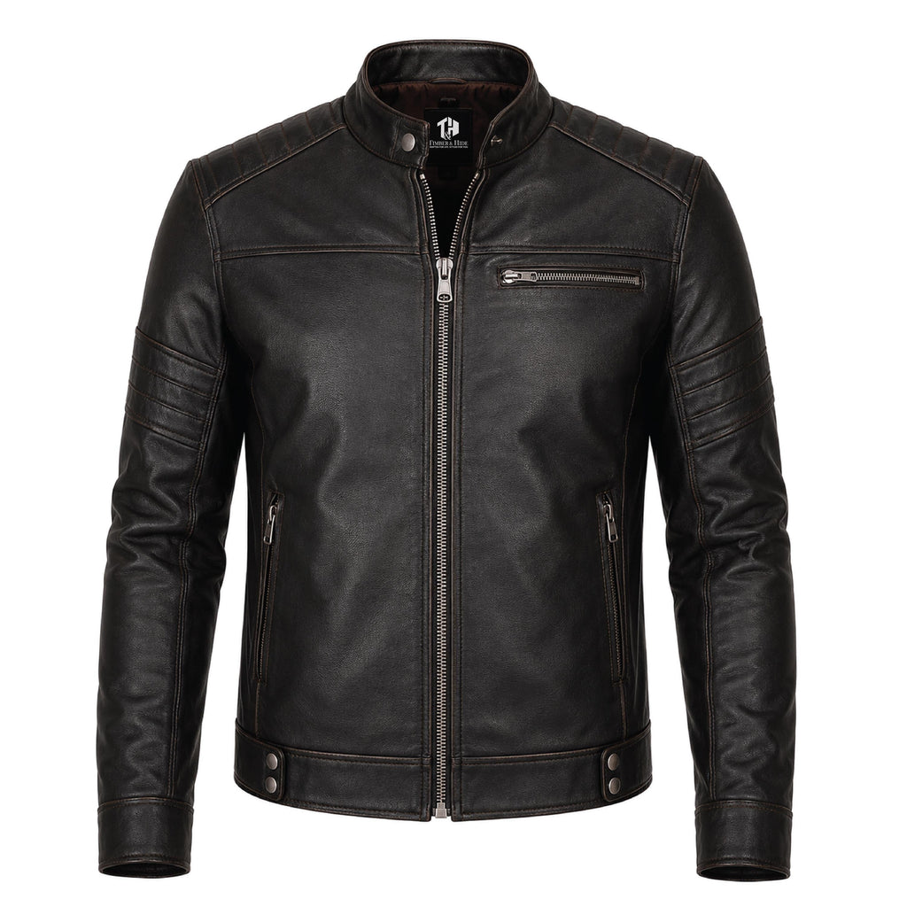 Men's Black Leather Biker Jacket, Sword Flame Graphic Rider Coat - Timber AND Hide