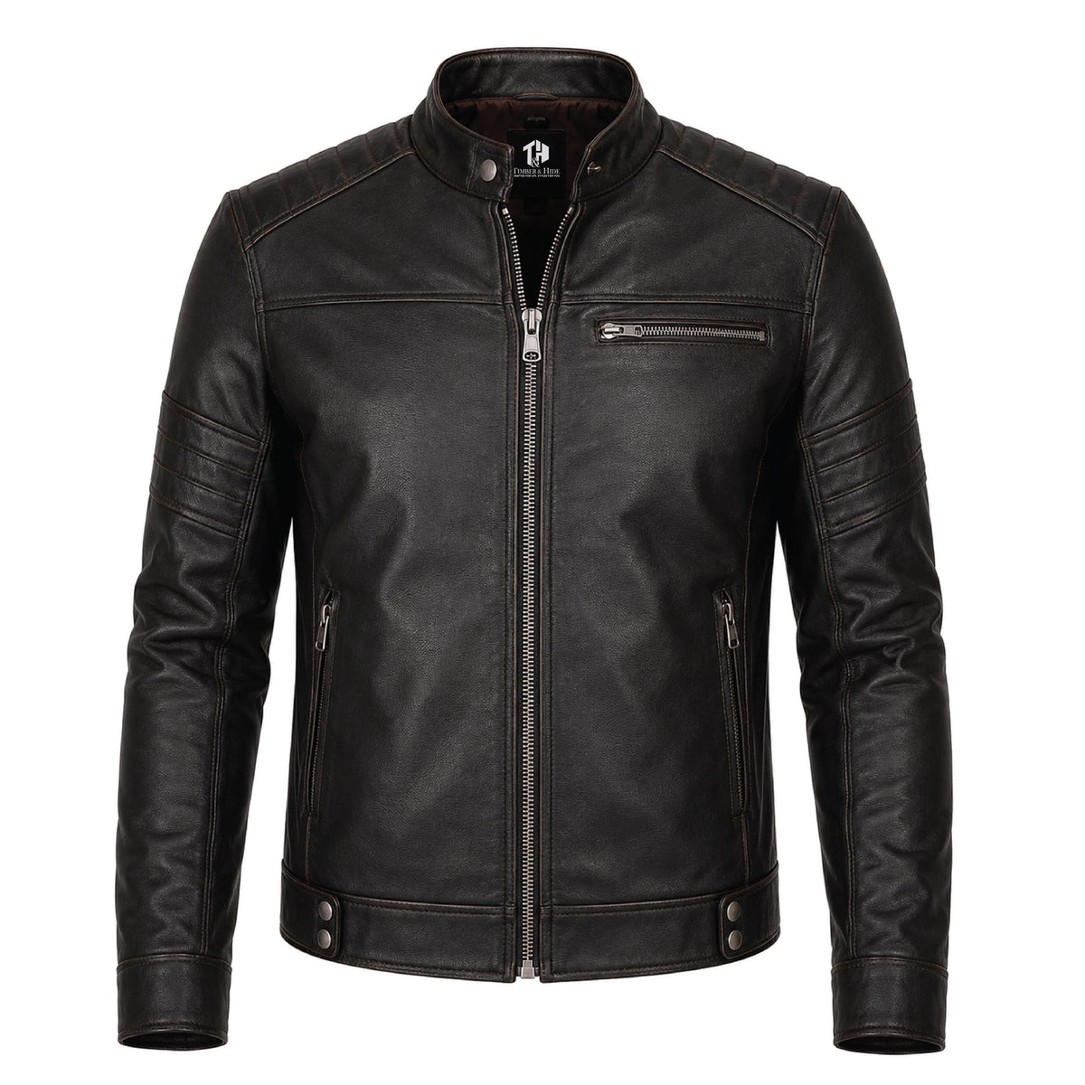 Men's Black Leather Biker Jacket, Sword Flame Graphic Rider Coat - Timber AND Hide