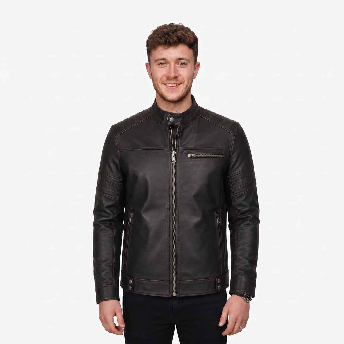 Men's Black Leather Biker Jacket, Sword Flame Graphic Rider Coat - Timber AND Hide