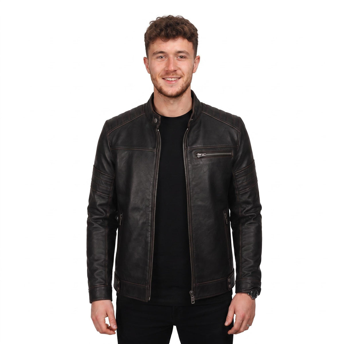 Men's Black Leather Biker Jacket, Sword Flame Graphic Rider Coat - Timber AND Hide