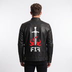 Men's Black Leather Biker Jacket, Sword Flame Graphic Rider Coat - Timber AND Hide