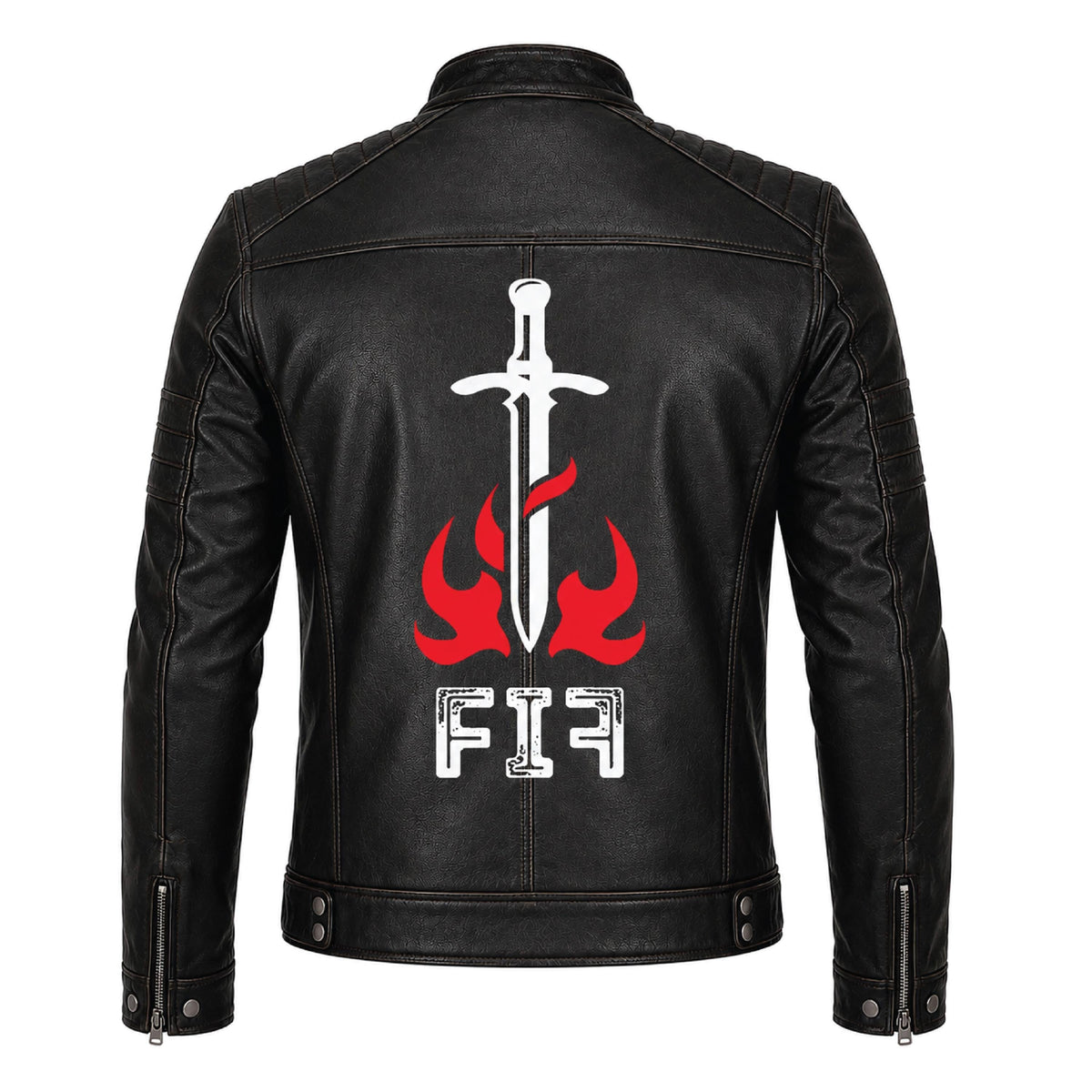 Men's Black Leather Biker Jacket, Sword Flame Graphic Rider Coat - Timber AND Hide