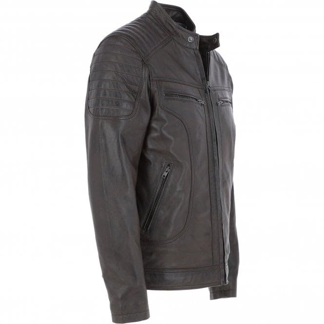 Men's Black Leather Biker Jacket with Zip Front, Multiple Pockets - Timber AND Hide