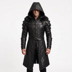 Men's Black Leather Hooded Armor Coat | Medieval Viking Warrior Cosplay Jacket - Timber AND Hide