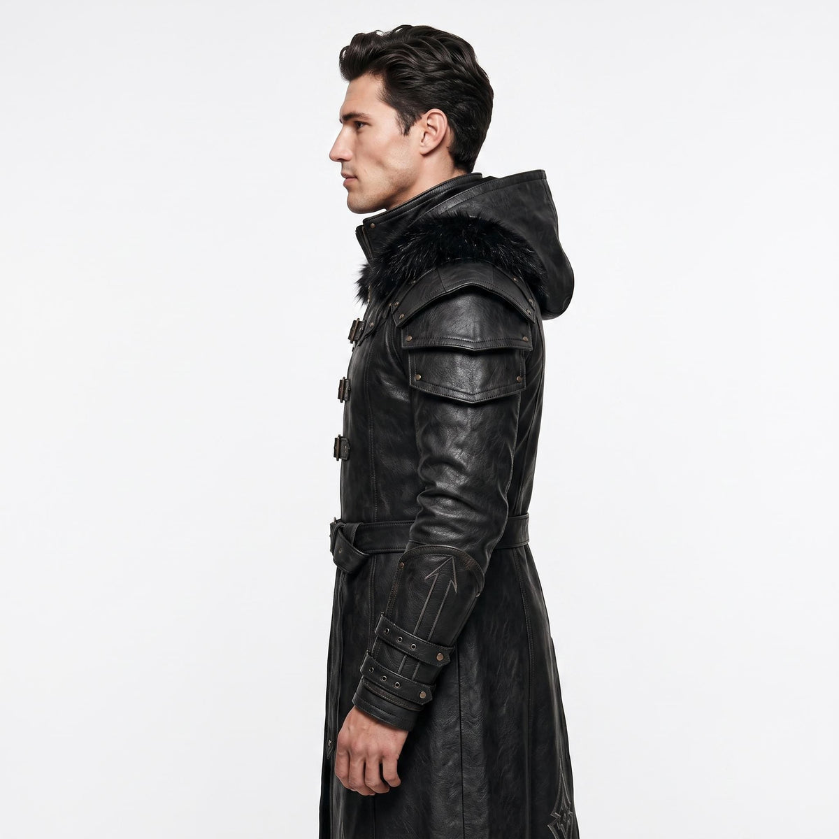 Men's Black Leather Hooded Armor Coat | Medieval Viking Warrior Cosplay Jacket - Timber AND Hide