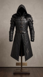 Men's Black Leather Hooded Armor Coat | Medieval Viking Warrior Cosplay Jacket - Timber AND Hide