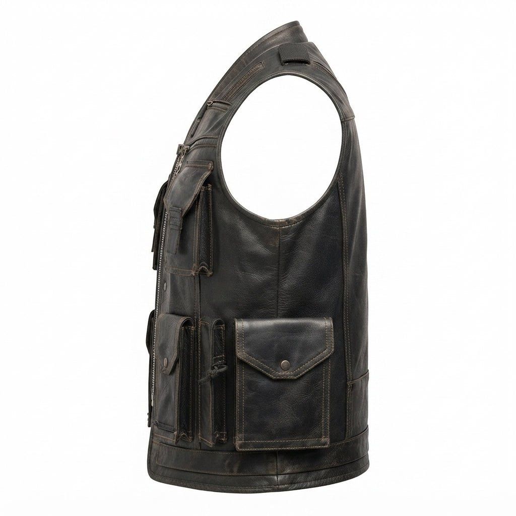 Men’s Black Military Leather Vest - Timber AND Hide