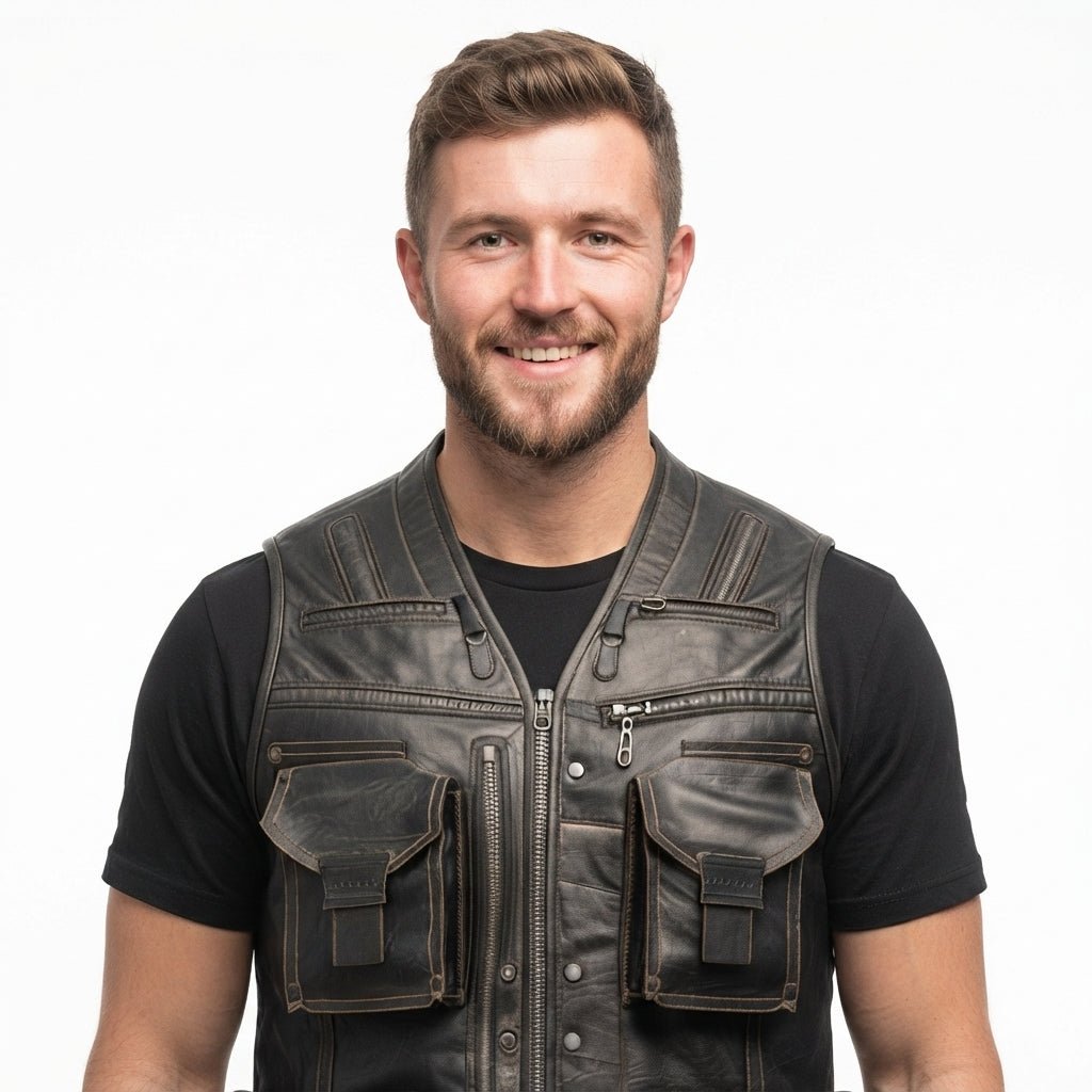 Men’s Black Military Leather Vest - Timber AND Hide