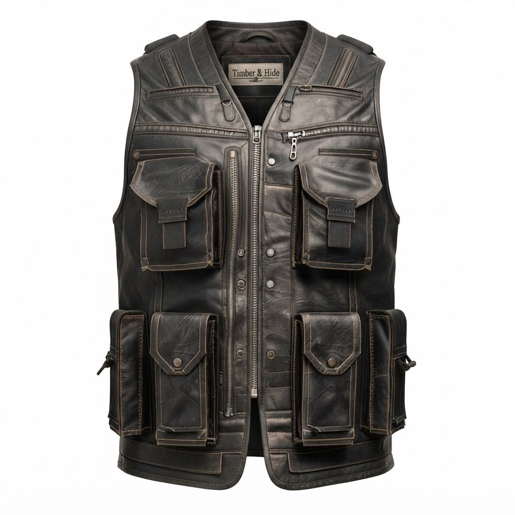 Men’s Black Military Leather Vest - Timber AND Hide