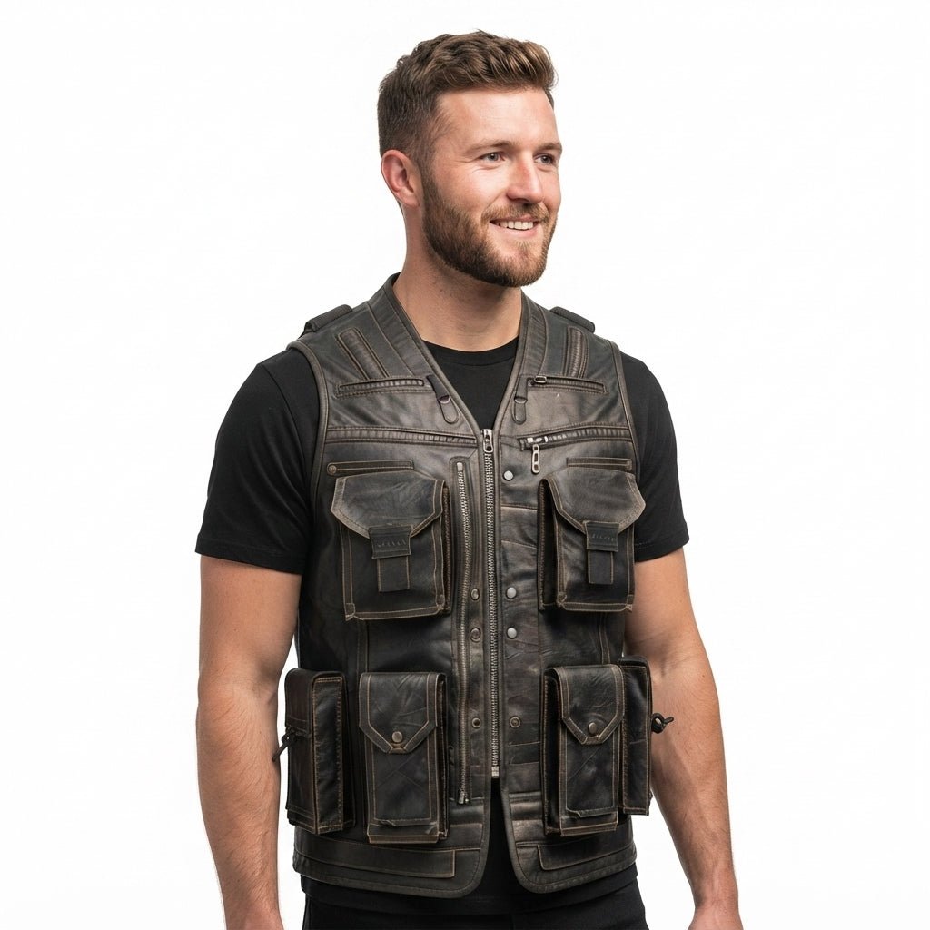 Men’s Black Military Leather Vest - Timber AND Hide