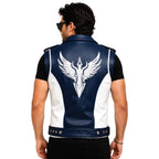 Men's Blue White Leather Biker Vest | Phoenix Print Motorcycle Riding Waistcoat - Timber AND Hide