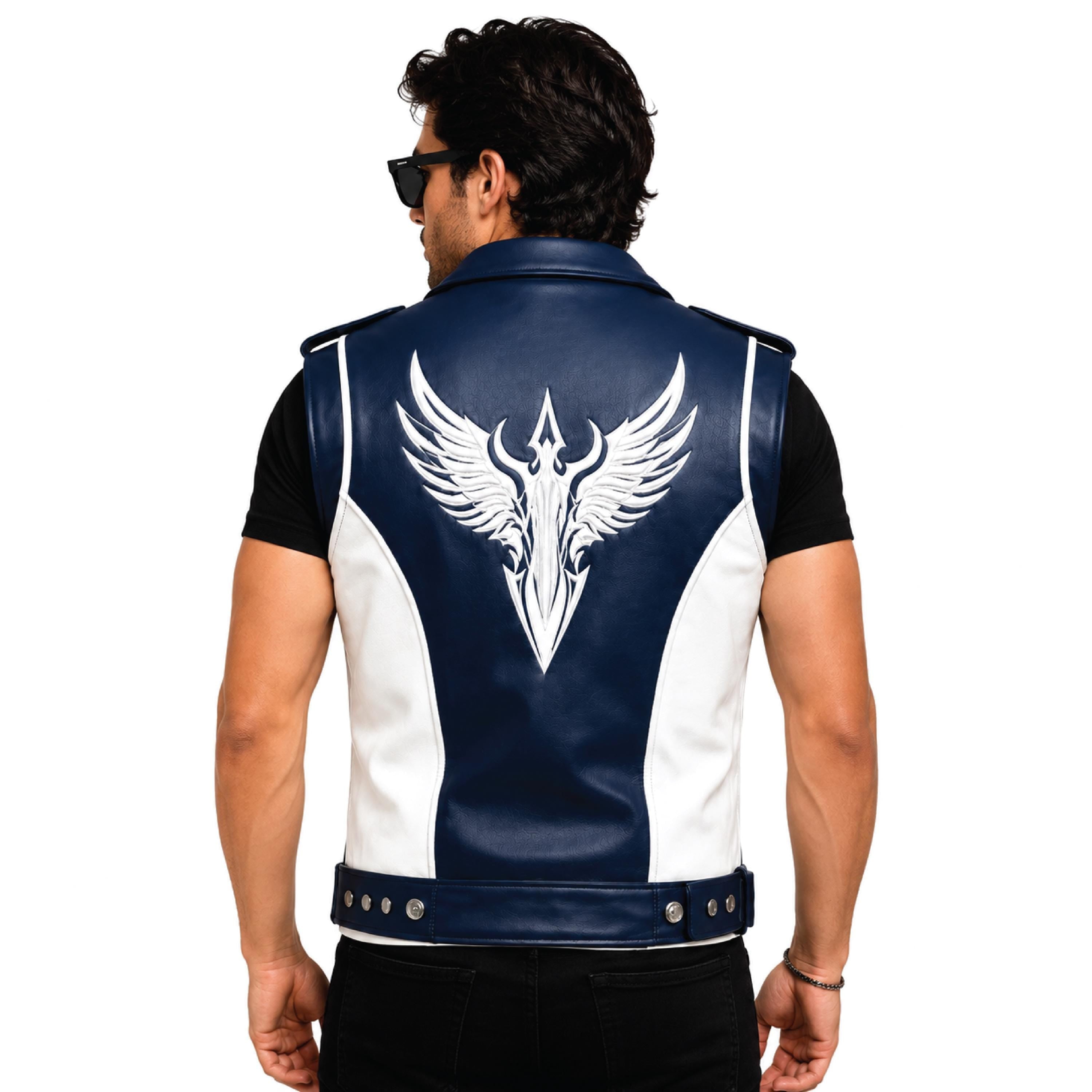 Men's Blue White Leather Biker Vest | Phoenix Print Motorcycle Riding Waistcoat - Timber AND Hide