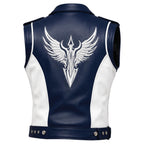 Men's Blue White Leather Biker Vest | Phoenix Print Motorcycle Riding Waistcoat - Timber AND Hide