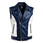 Men's Blue White Leather Biker Vest | Phoenix Print Motorcycle Riding Waistcoat - Timber AND Hide