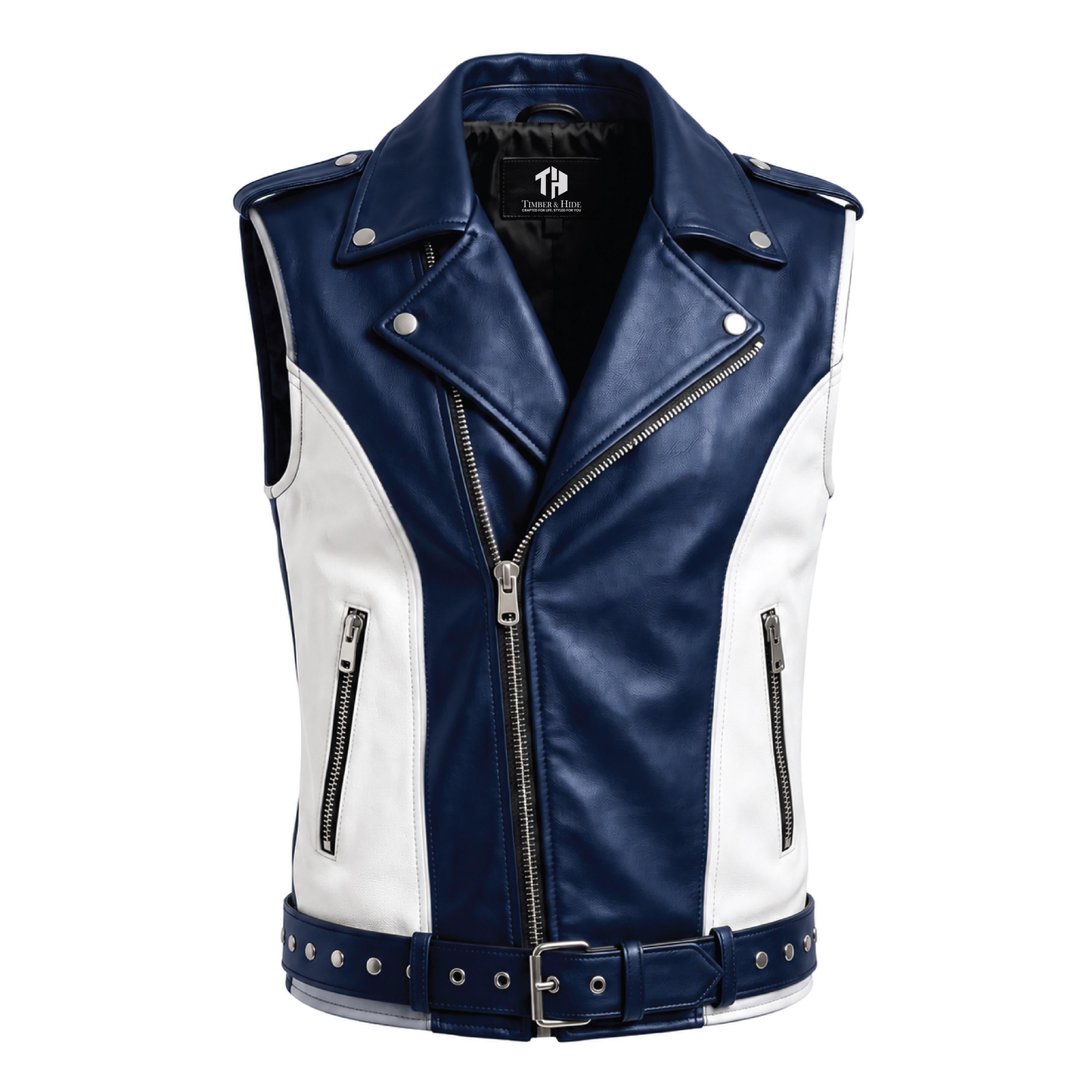 Men's Blue White Leather Biker Vest | Phoenix Print Motorcycle Riding Waistcoat - Timber AND Hide