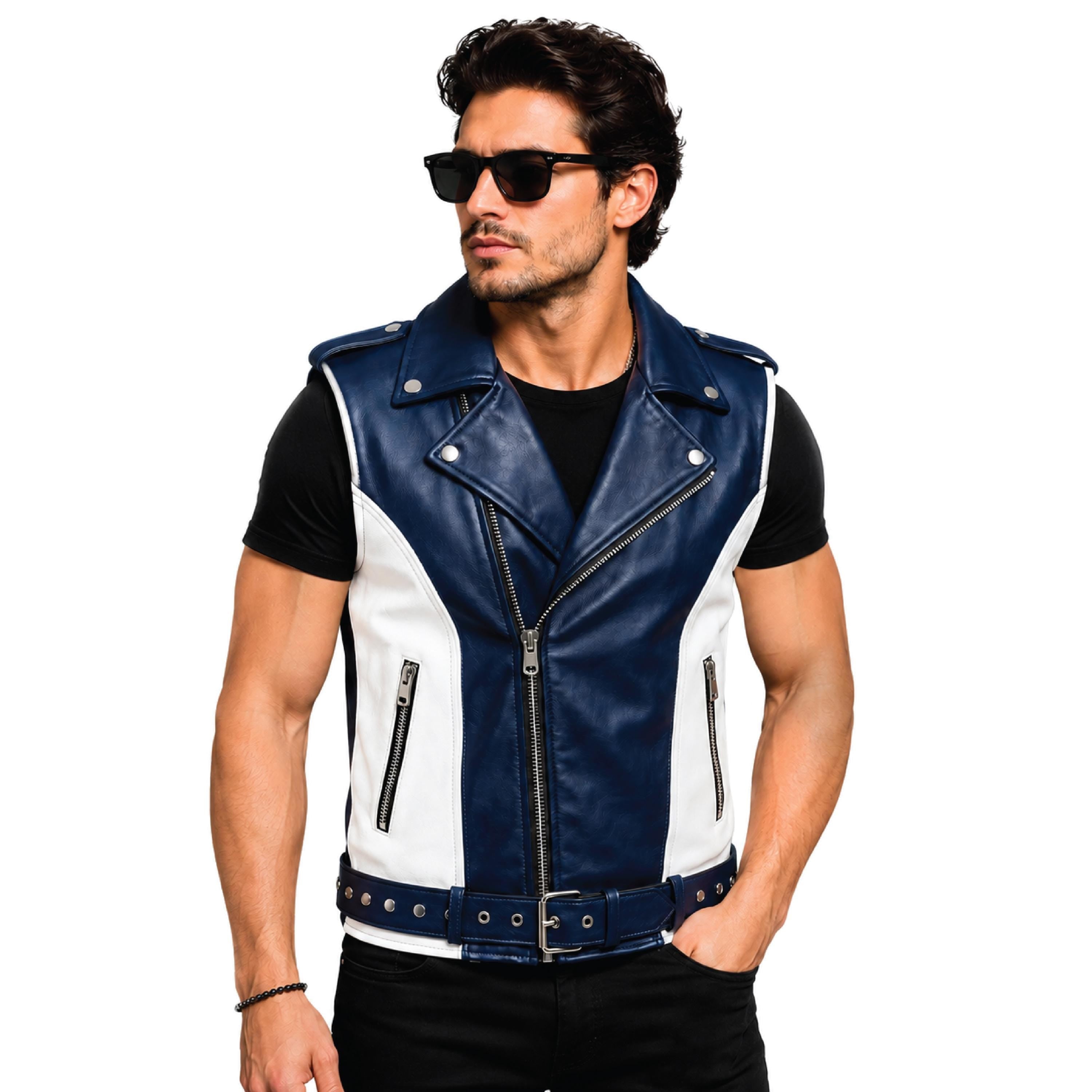 Men's Blue White Leather Biker Vest | Phoenix Print Motorcycle Riding Waistcoat - Timber AND Hide