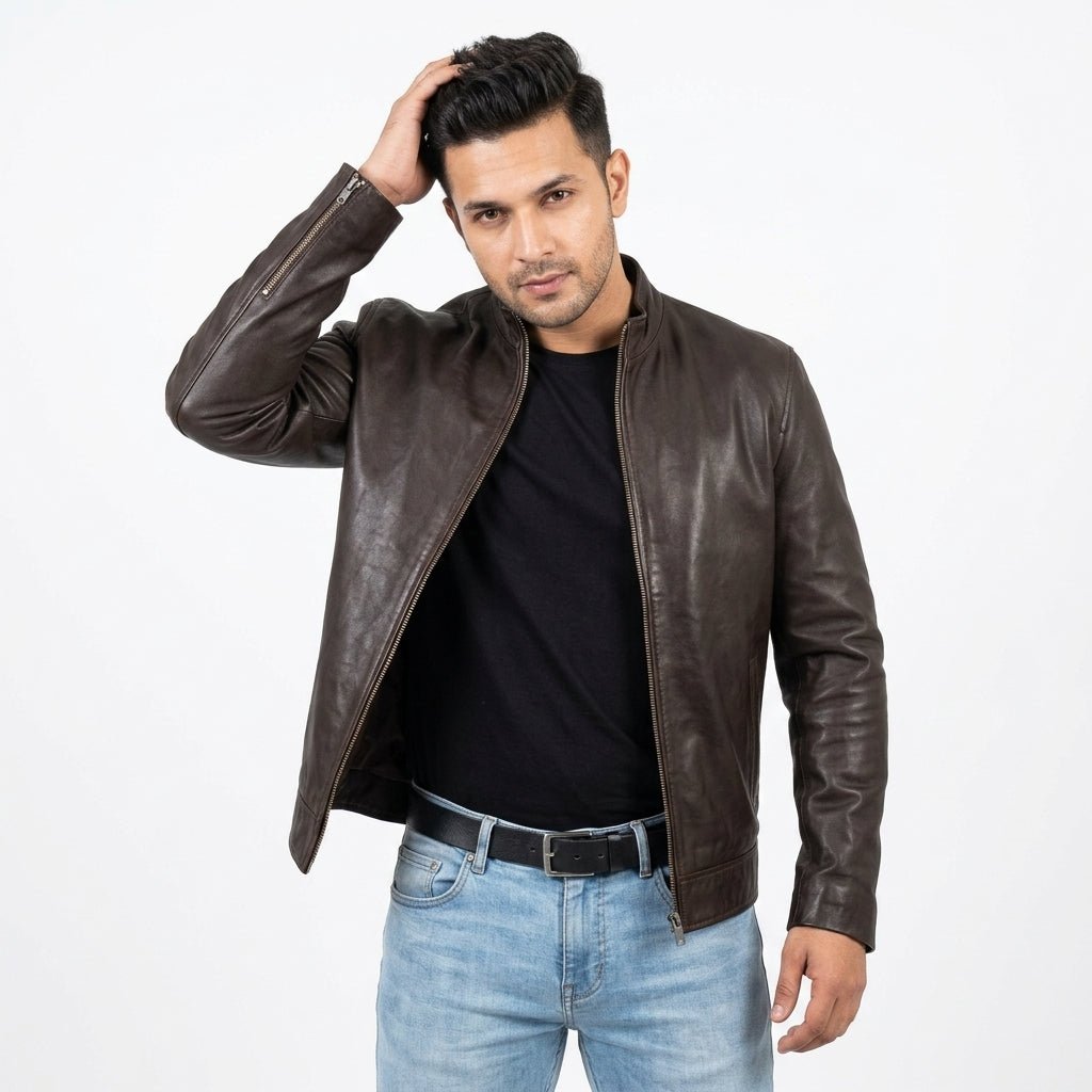 Men's Casual Style Classic Leather Jacket - Dark Brown - Timber AND Hide