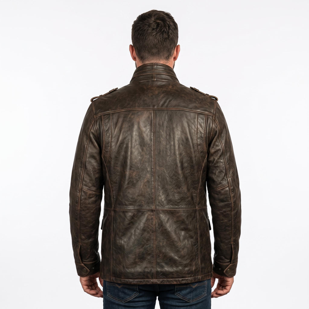 Men's Distressed Brown Leather Field Jacket | Military Utility Coat - Timber AND Hide