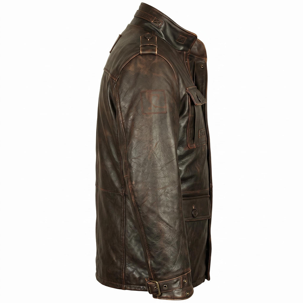 Men's Distressed Brown Leather Field Jacket | Military Utility Coat - Timber AND Hide
